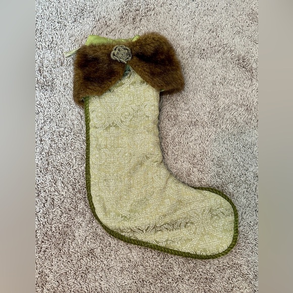 Sage Green Christmas Stocking with Brown Faux Fur Cuff - EUC - Picture 1 of 3